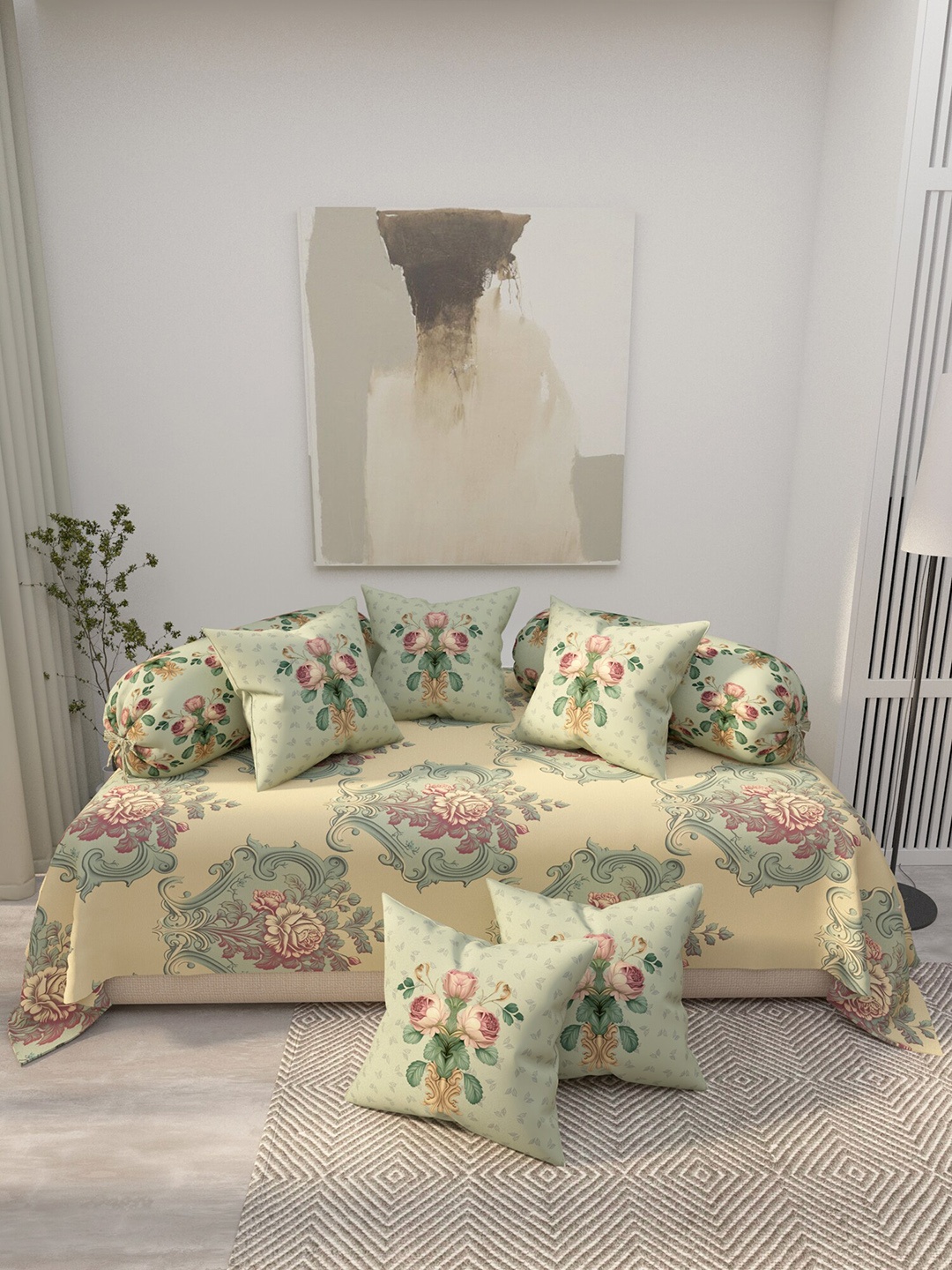 

EverHOME 8-Pcs Beige & Green Printed Cotton Diwan Set