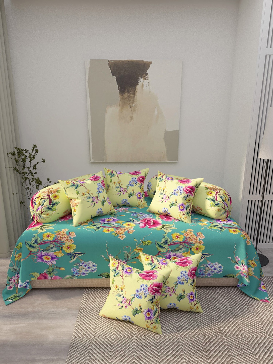

EverHOME 8-Pcs Blue & Pink Printed Cotton Diwan Set