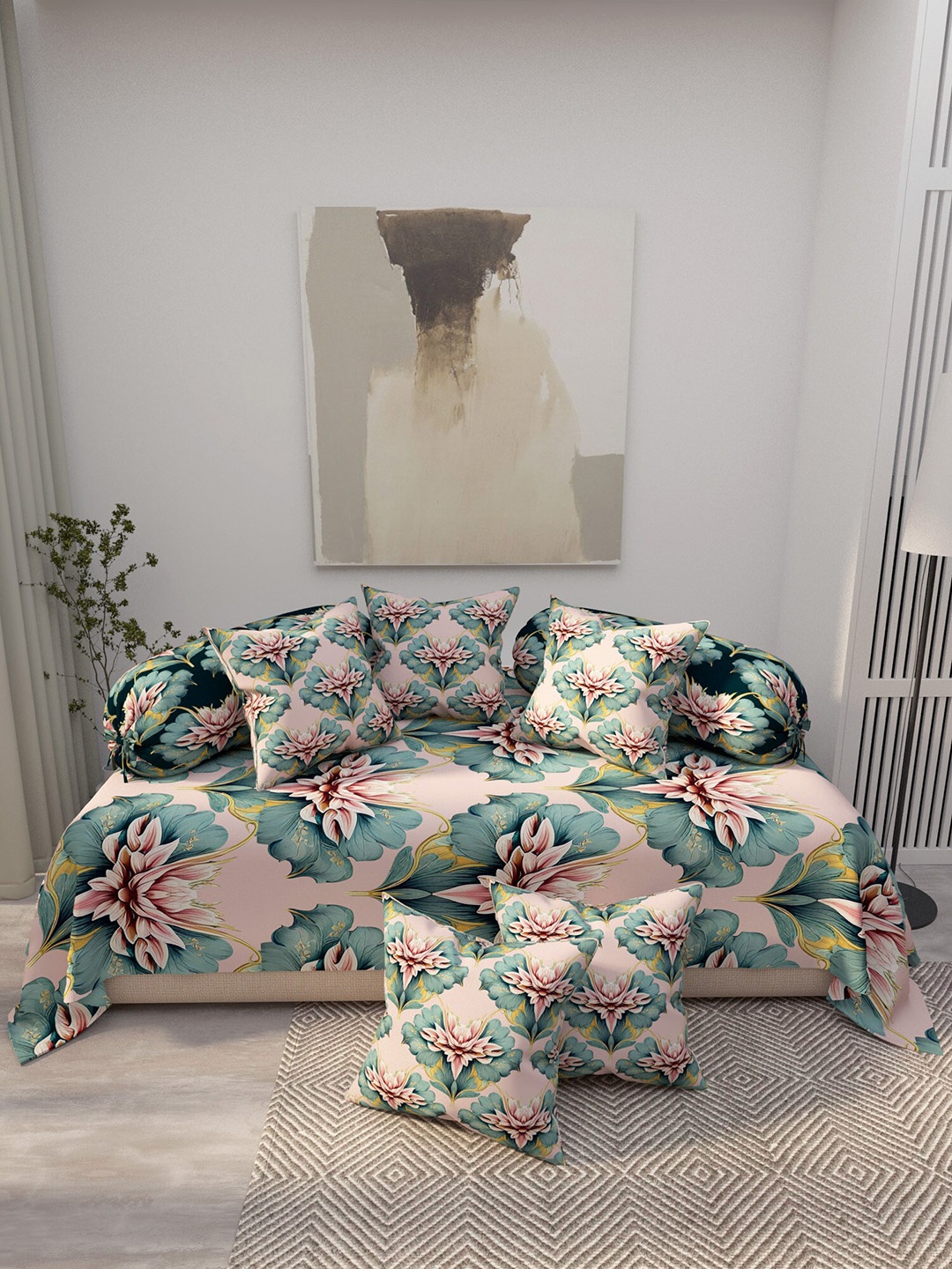 

EverHOME 8-Pcs Pink & Blue Printed Cotton Diwan Set