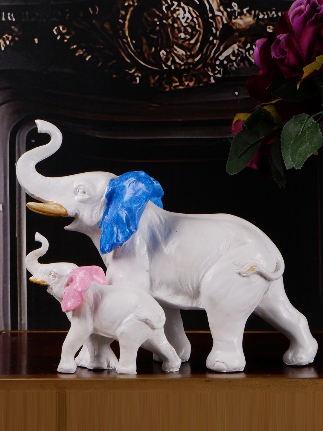 

THE WHITE INK DECOR White & Blue Elephant Family Figurine Showpiece