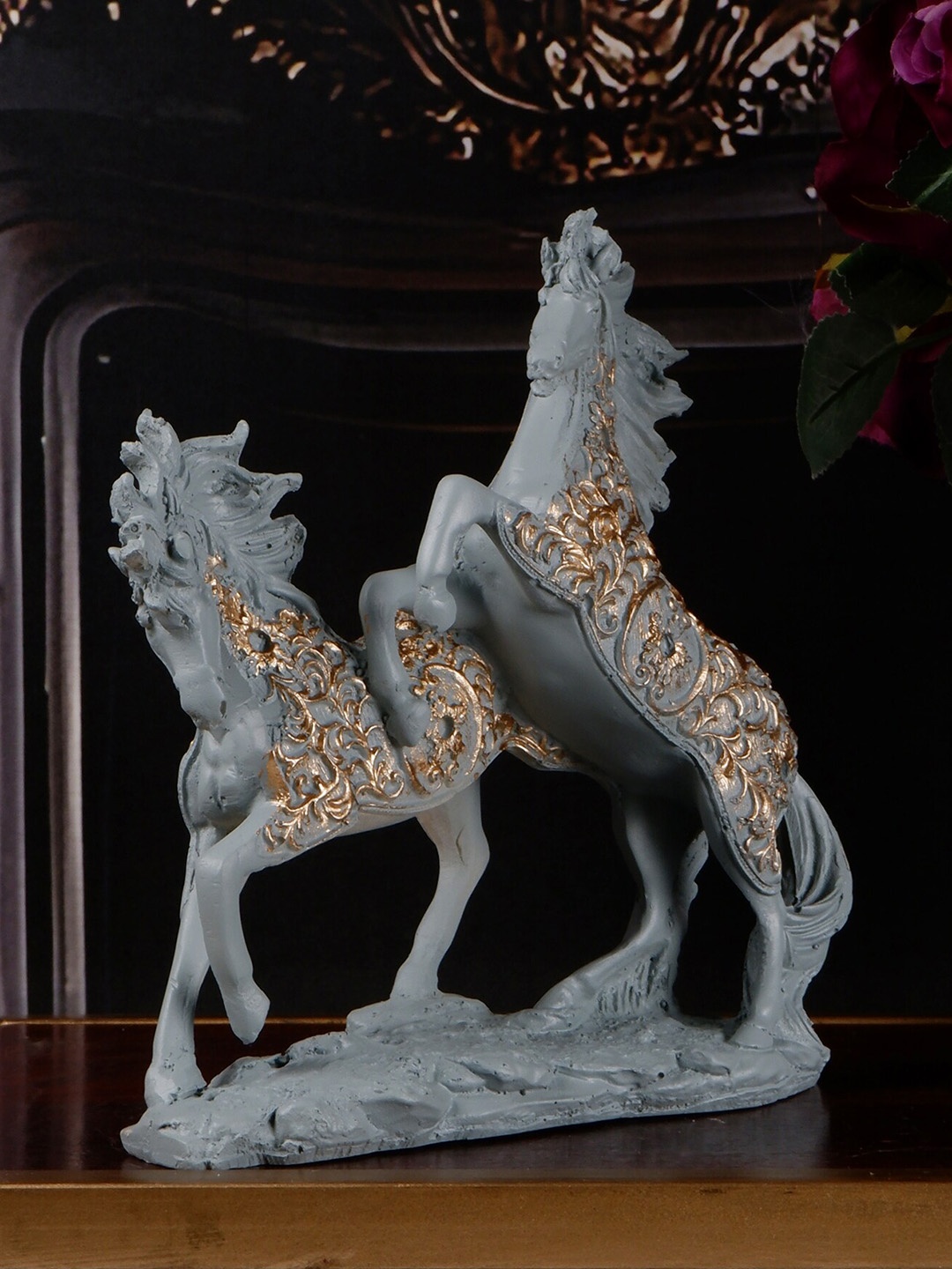 

THE WHITE INK DECOR Cool Series Grey & Gold-Toned Textured Horse Showpiece