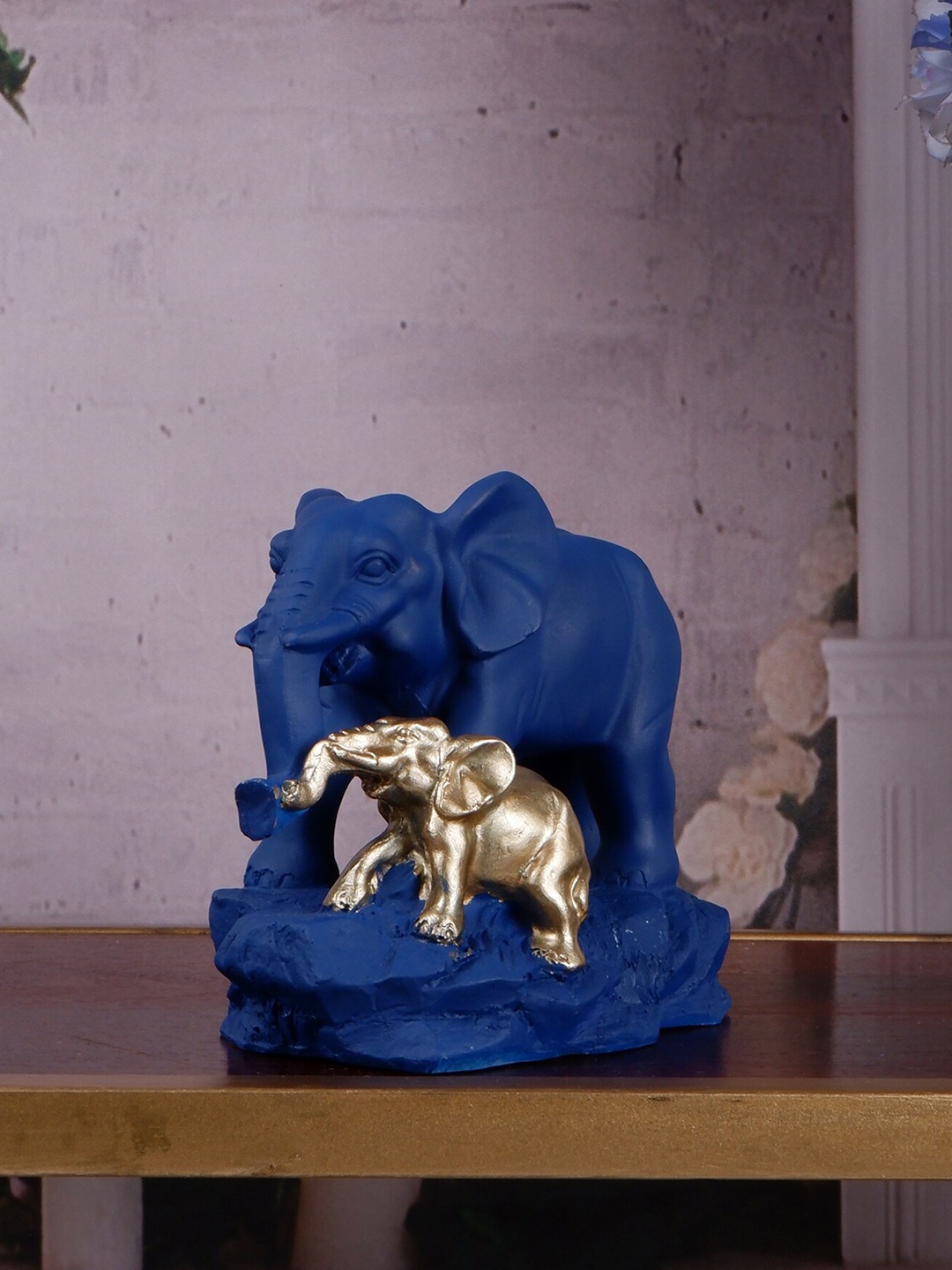 

THE WHITE INK DECOR Blue Textured The Elephant & Precious Calf Figurine Showpiece