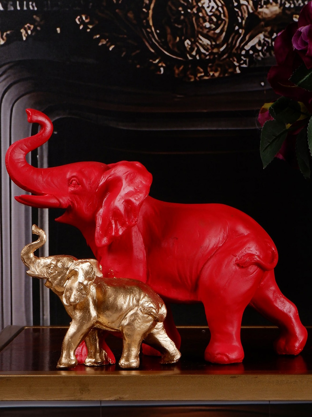 

THE WHITE INK DECOR Red & Yellow Elephant Family Polyresin Showpieces