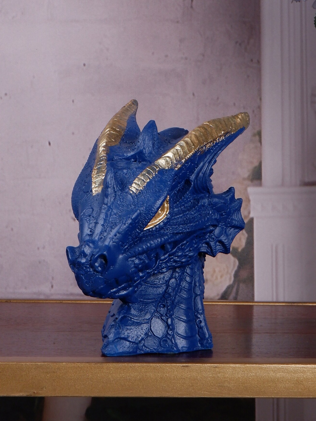 

THE WHITE INK DECOR Cool Series Blue & Gold-Toned Textured Dragon Showpiece