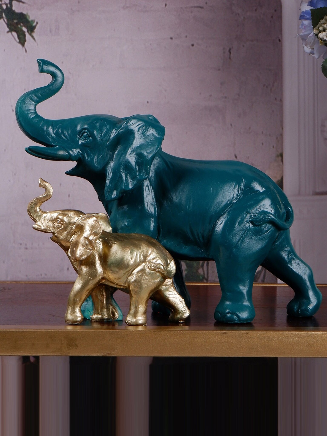 

THE WHITE INK DECOR Teal Green Elephant Family Figurine Showpiece