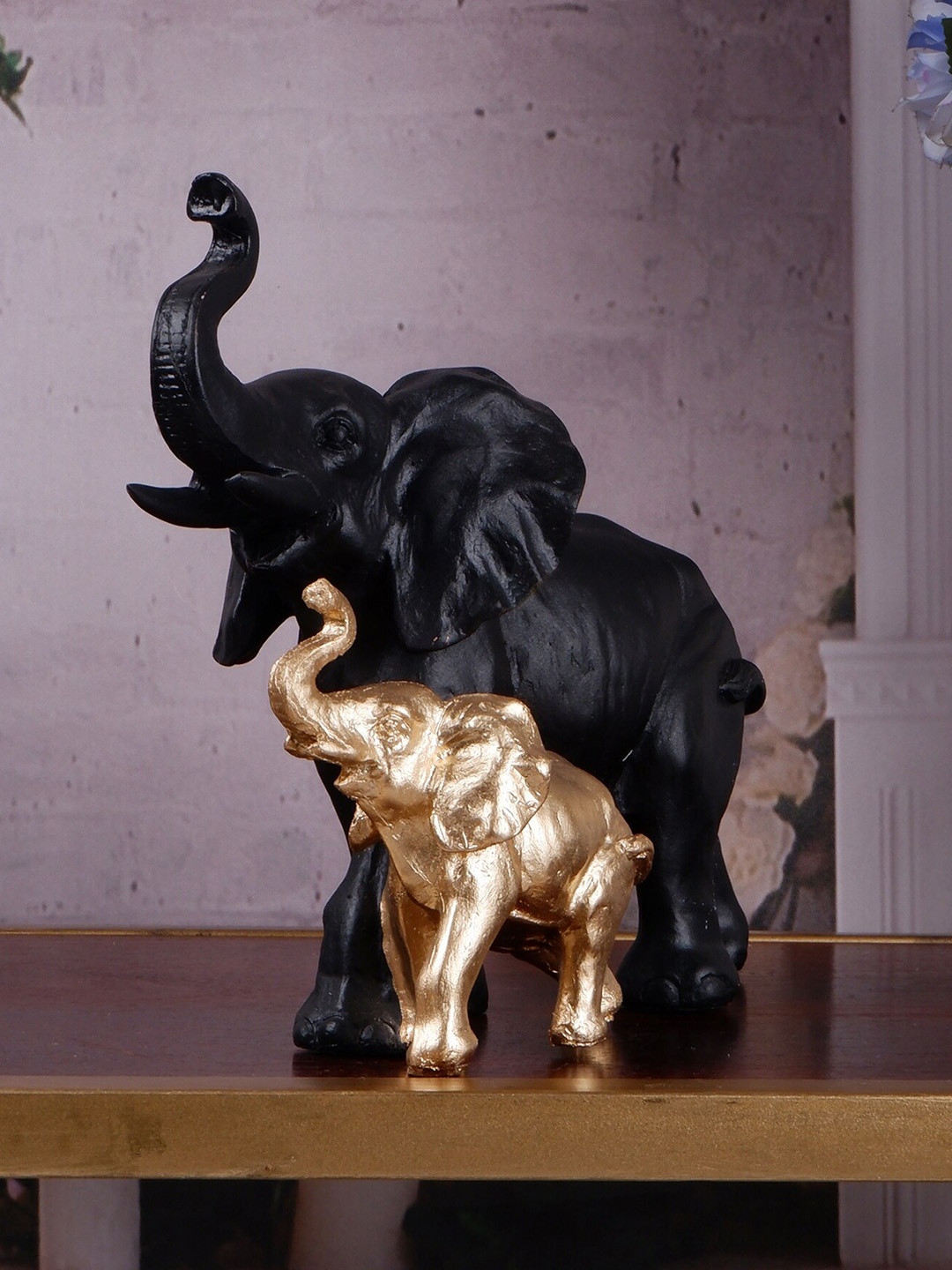 

THE WHITE INK DECOR Cool Series Black & Gold-Toned Textured Elephant Family Showpiece