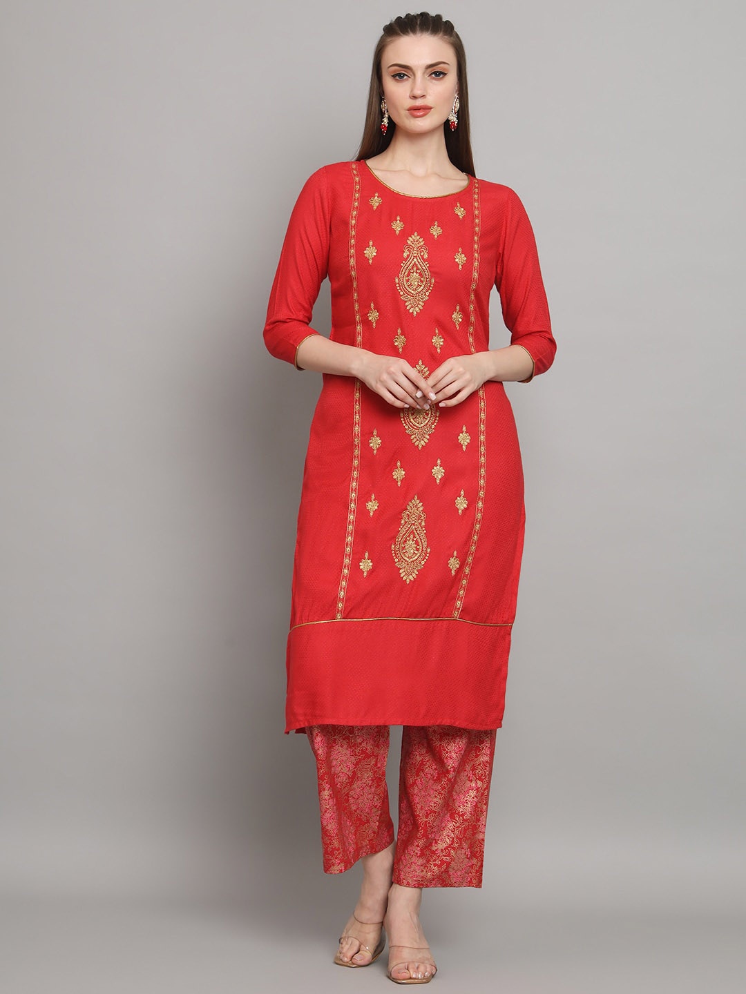 

RANGMAYEE Ethnic Motifs Embroidered Kurta with Palazzos, Maroon