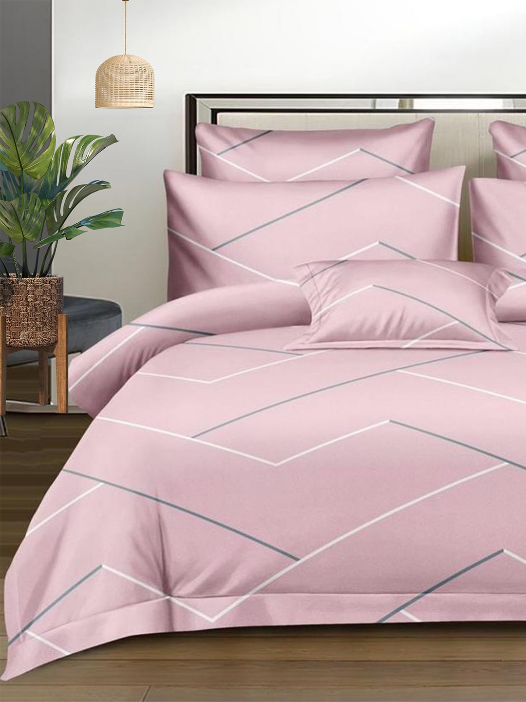 

Pastel Homes Pink & Grey Geometric Cotton 300 TC Queen Bedsheet With 2 Pillow Covers