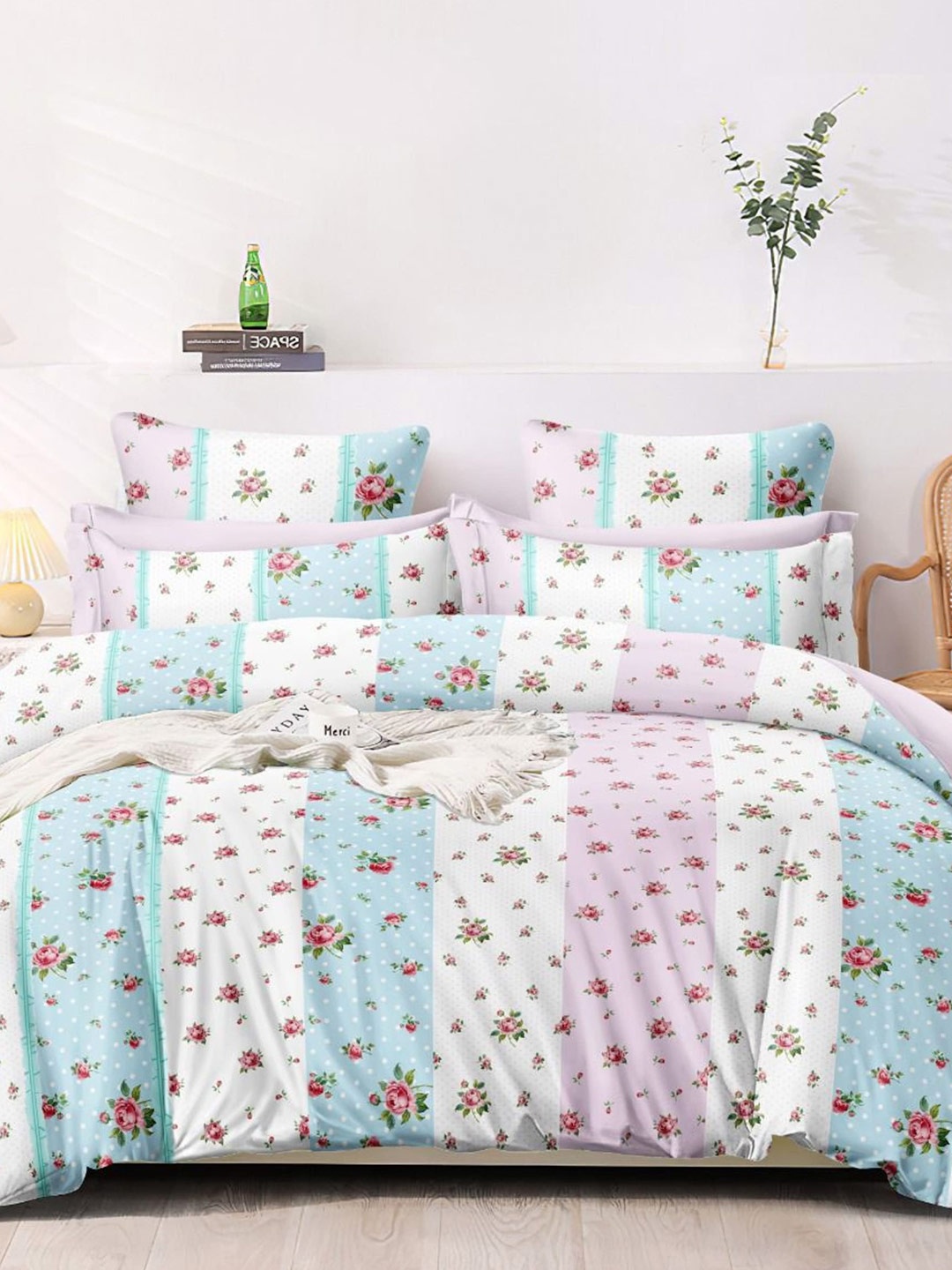 

Pastel Homes White & Pink Floral Cotton 300 TC Queen Bedsheet With 2 Pillow Covers
