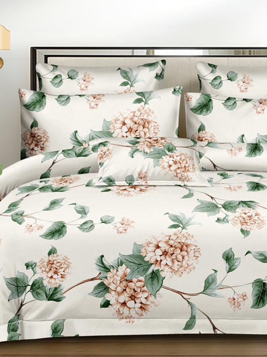

Pastel Homes White & Green Floral Cotton 300 TC Queen Bedsheet With 2 Pillow Covers
