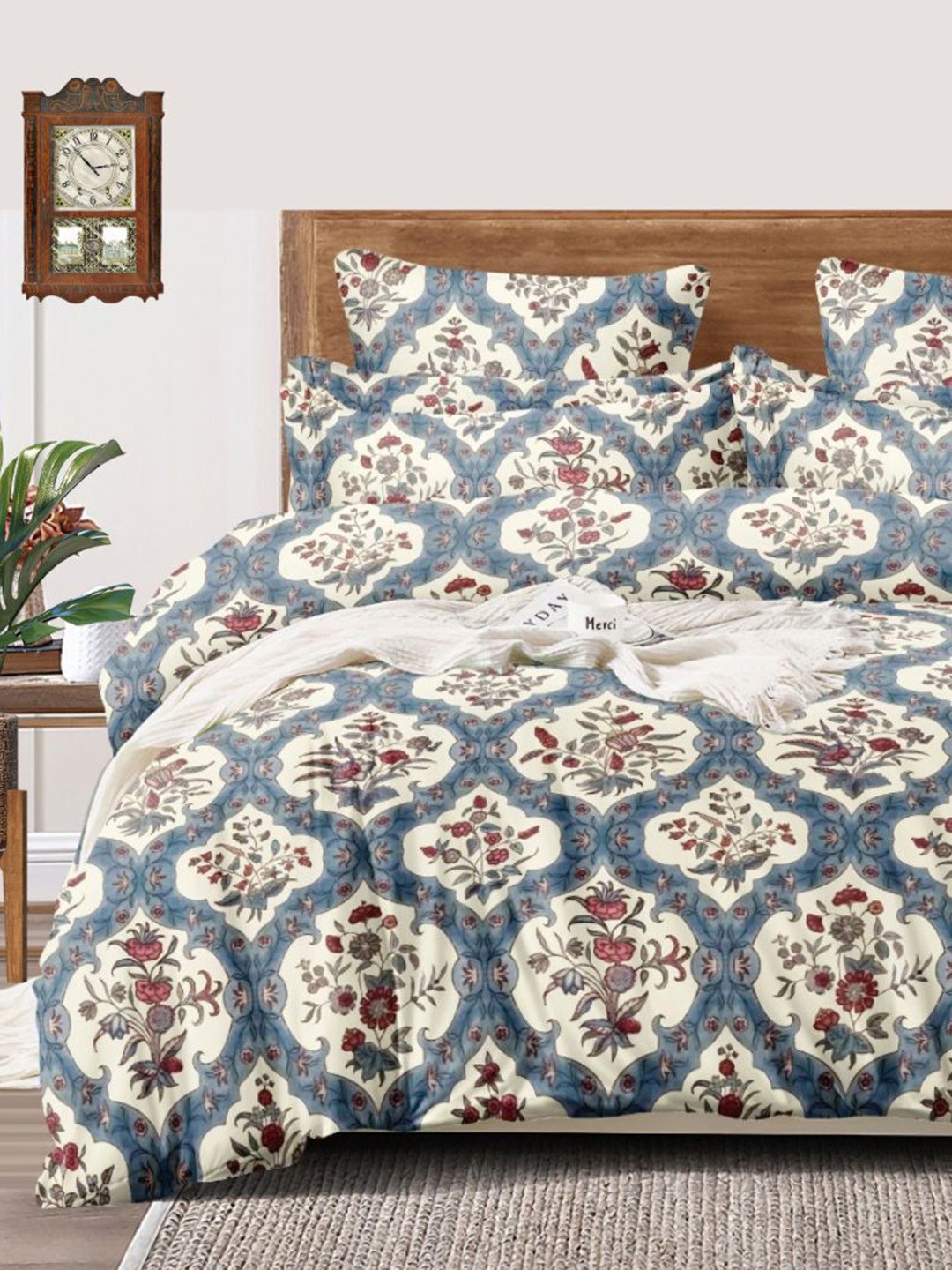 

Pastel Homes Blue & White Floral Cotton 300 TC Queen Bedsheet With 2 Pillow Covers