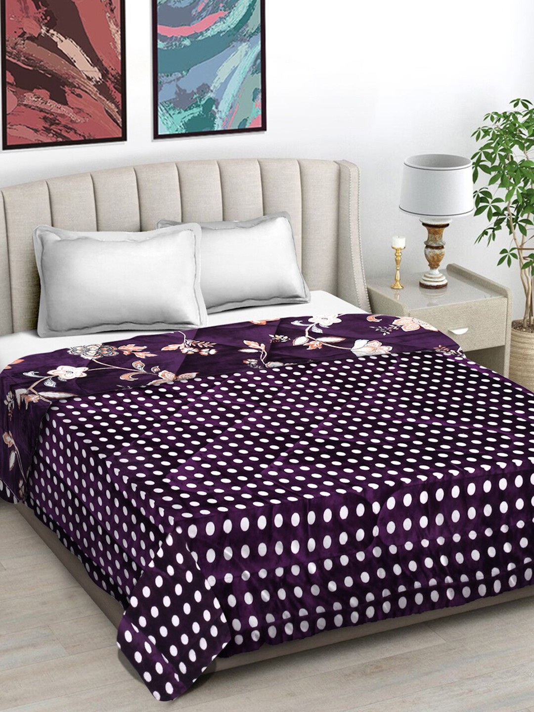 

FABINALIV White & Purple Geometric Reversible Heavy Winter 950 GSM Double Bed Quilt
