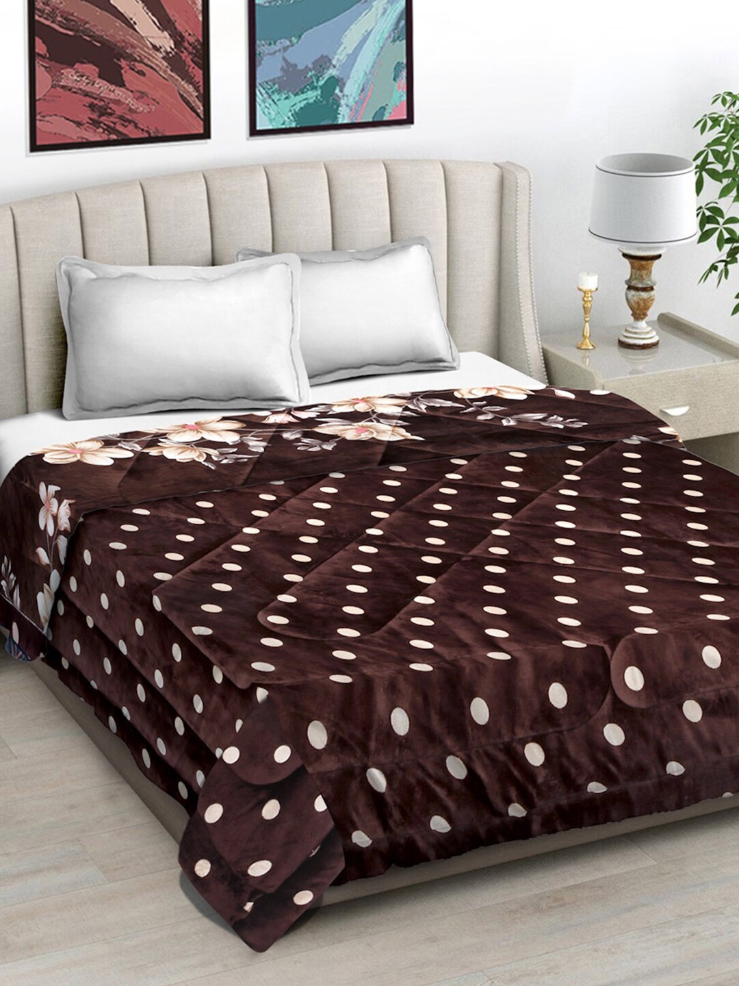 

FABINALIV White & Brown Geometric Reversible Woollen Heavy Winter 950 GSM Double Bed Quilt