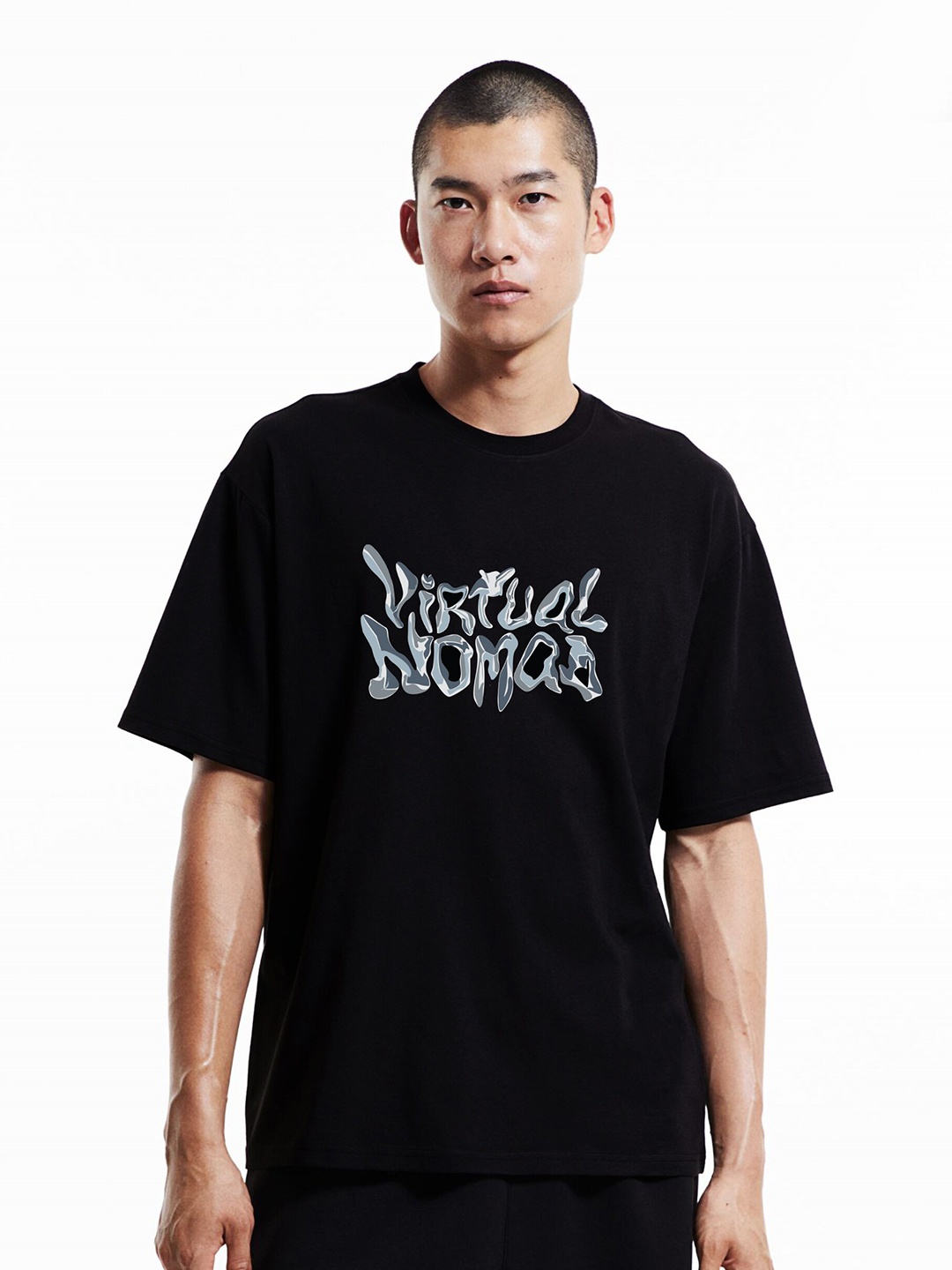 

MISCHIEF MONKEY Typography Printed Pure Cotton Drop-Shoulder Sleeves Oversized T-shirt, Black