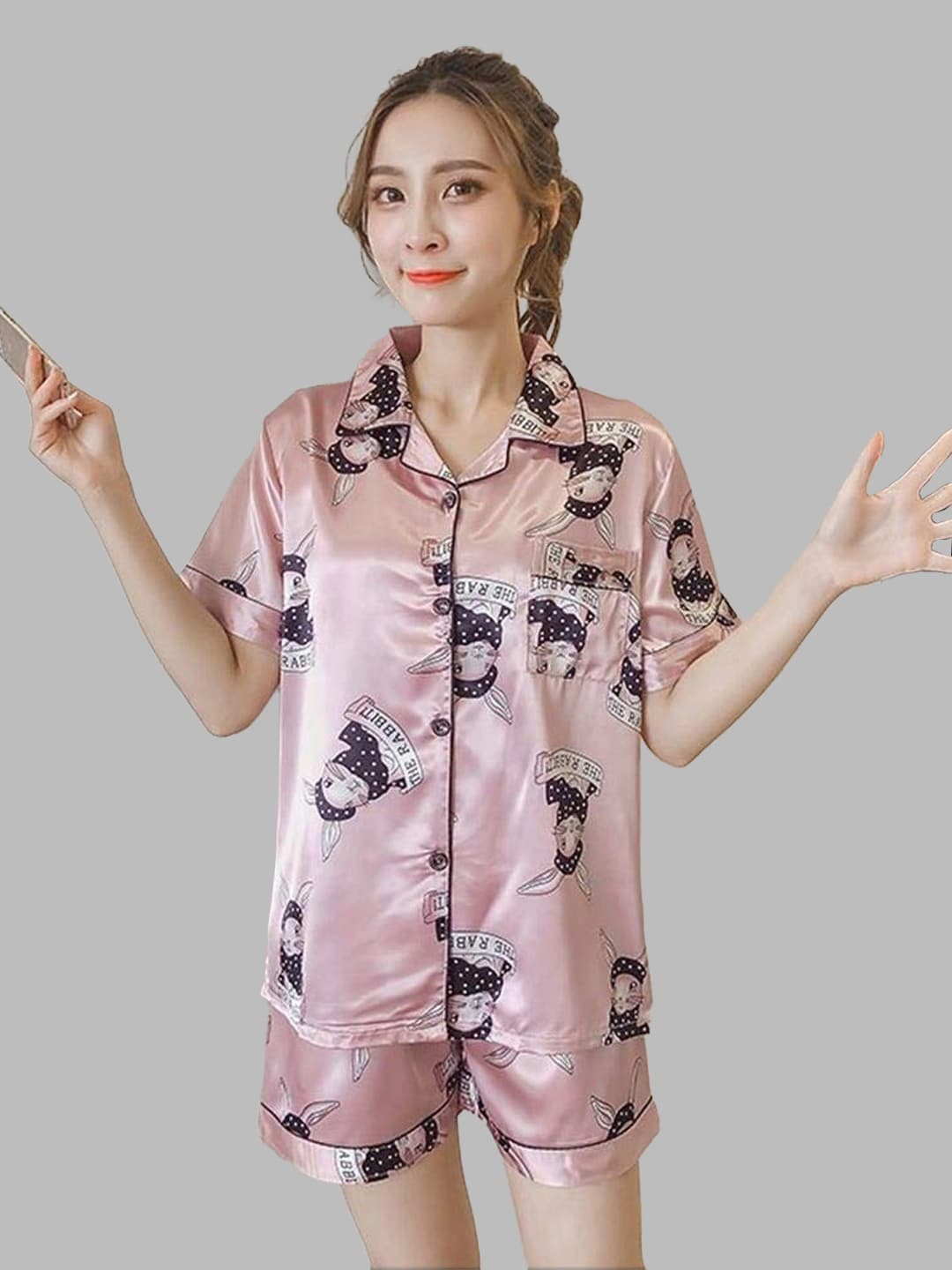 

FIMBUL Conversational Printed Satin Night suit, Pink