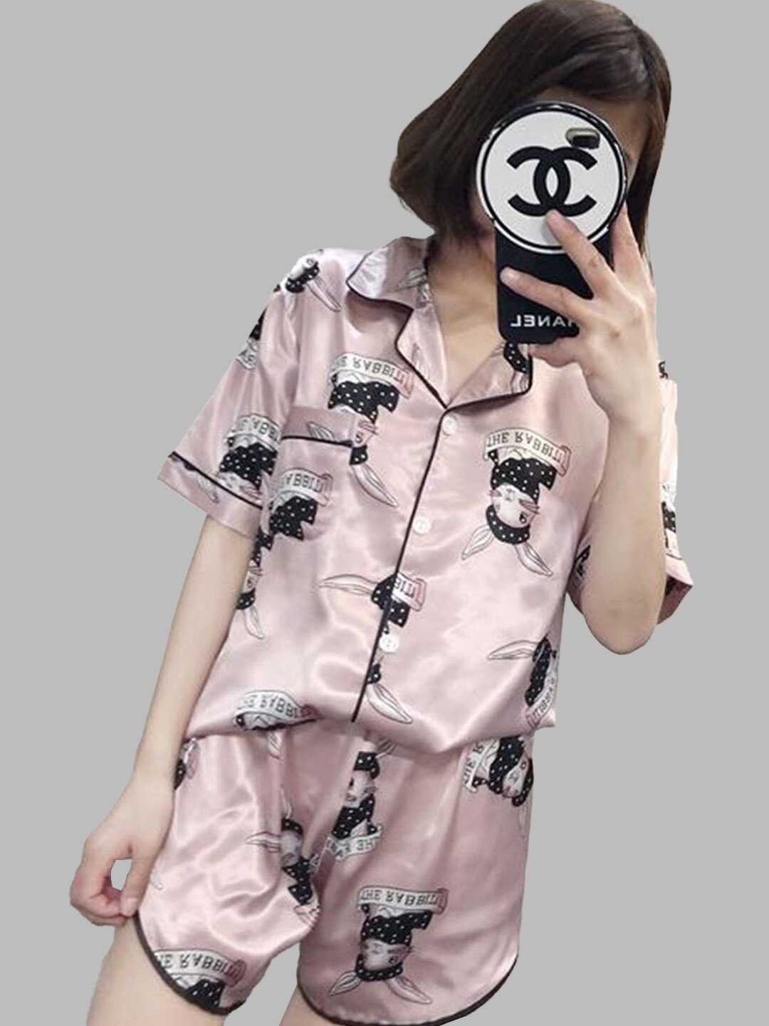 

FIMBUL Conversational Printed Satin Night suit, Pink