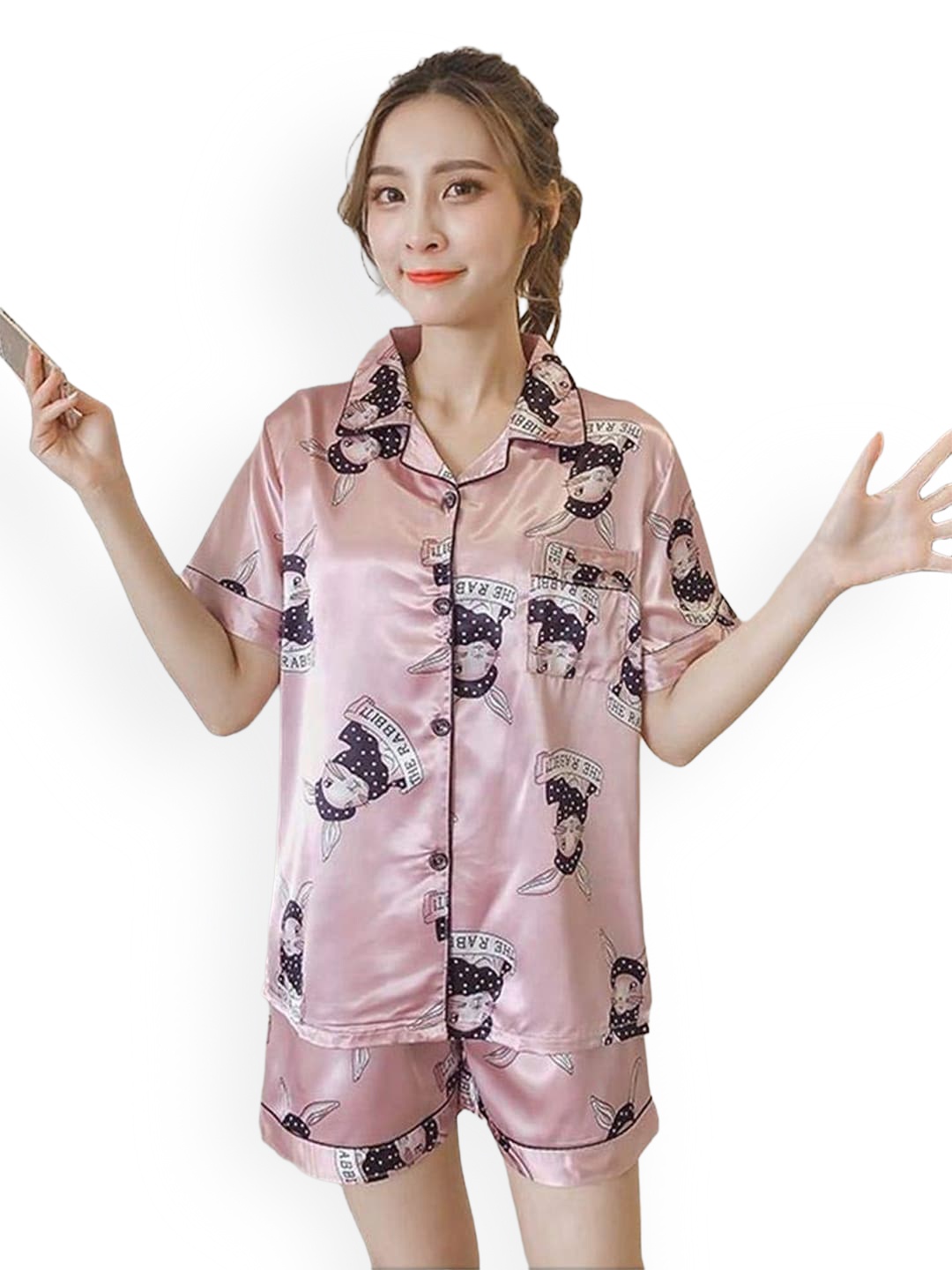 

Krelin Bugs Bunny Graphic Printed Satin Night suit, Pink