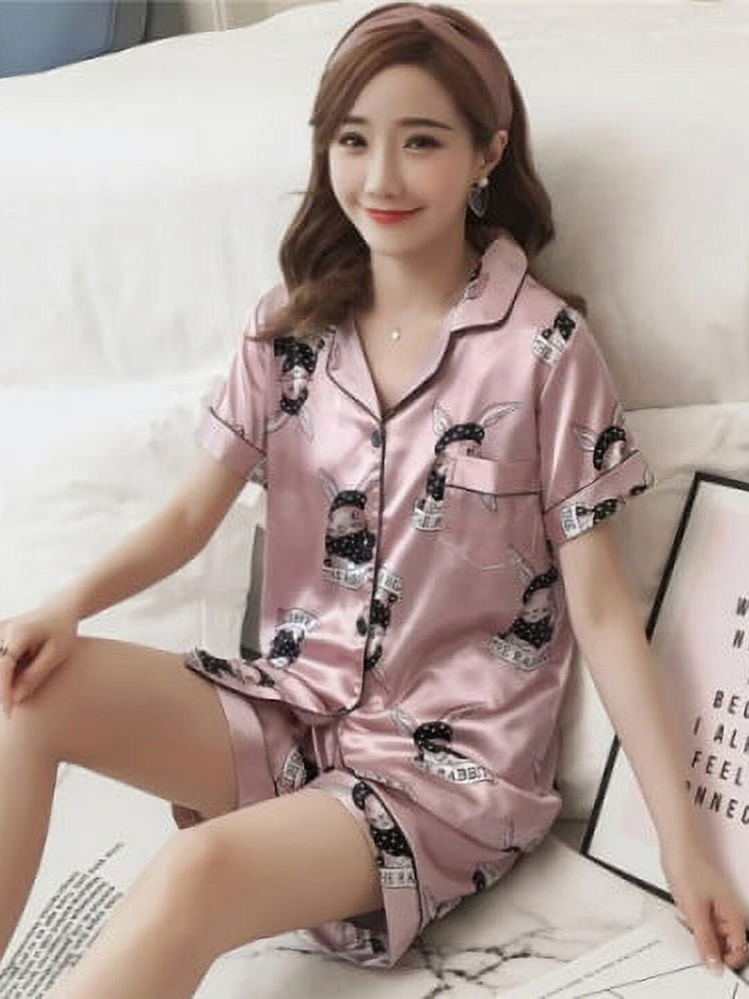 

Krelin Bugs Bunny Graphic Printed Satin Night suit, Pink