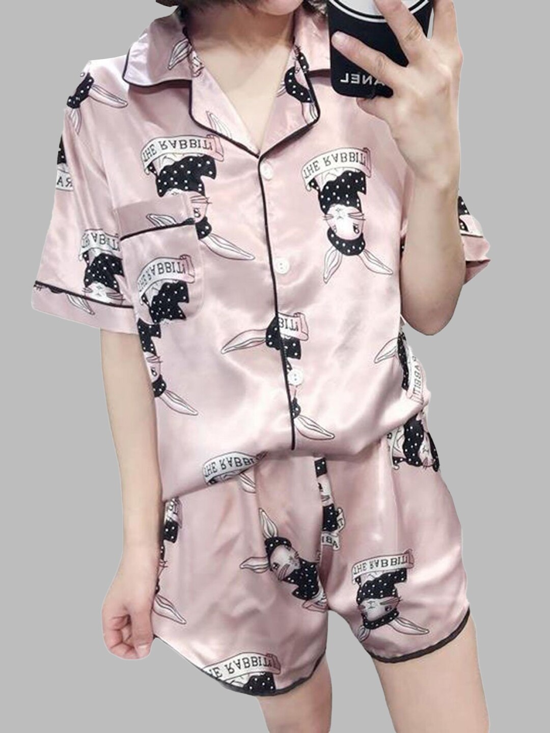 

Krelin Bugs Bunny Graphic Printed Satin Night suit, Pink