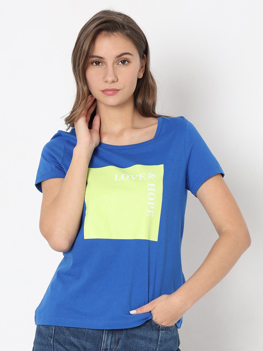 

Vero Moda Colourblocked Scoop Neck Pure Cotton T-shirt, Blue