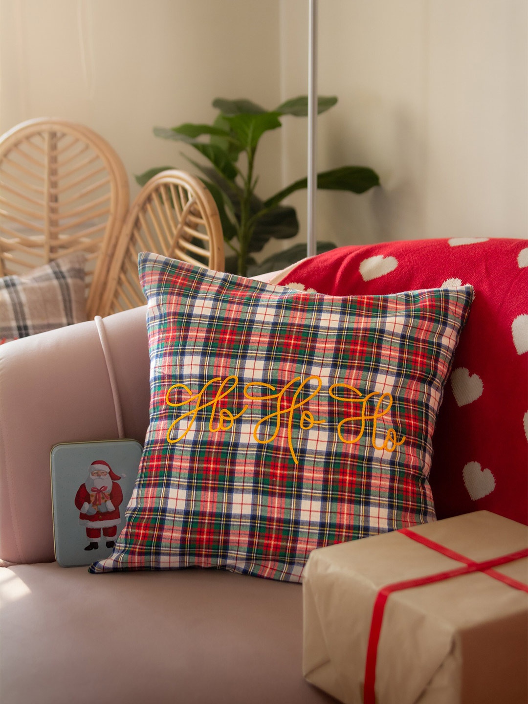 

BandBox Red & Green Checked Embroidered Cotton Square Cushion Cover