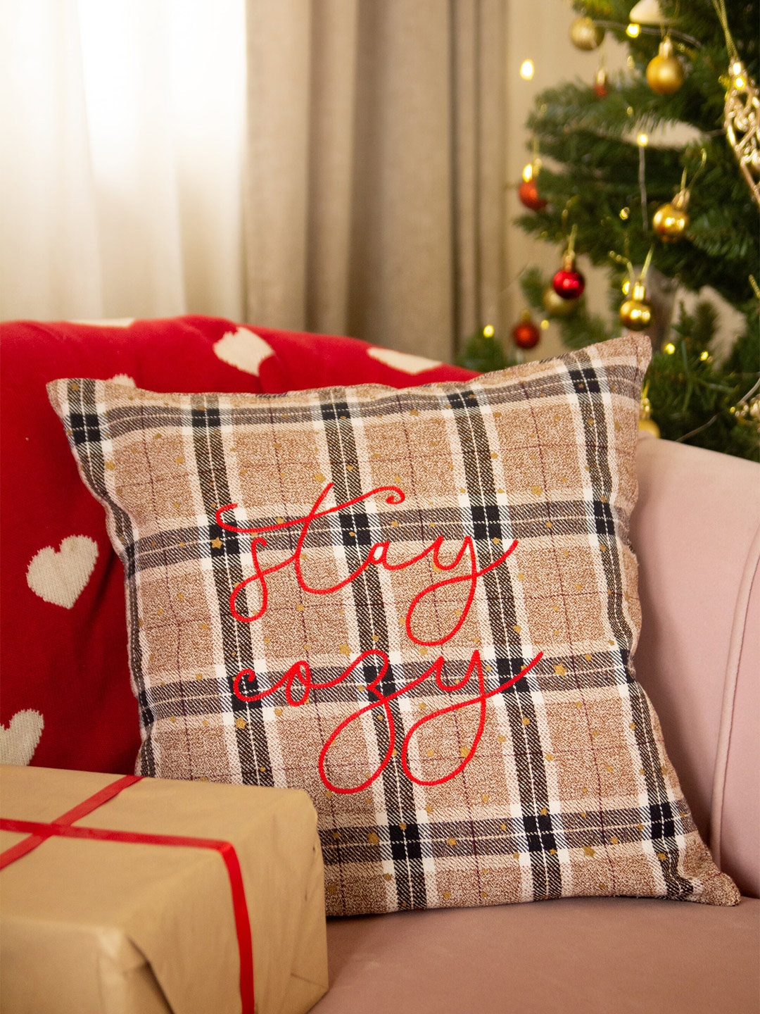 

BandBox Beige & Black Checked Embroidered Cotton Square Cushion Cover