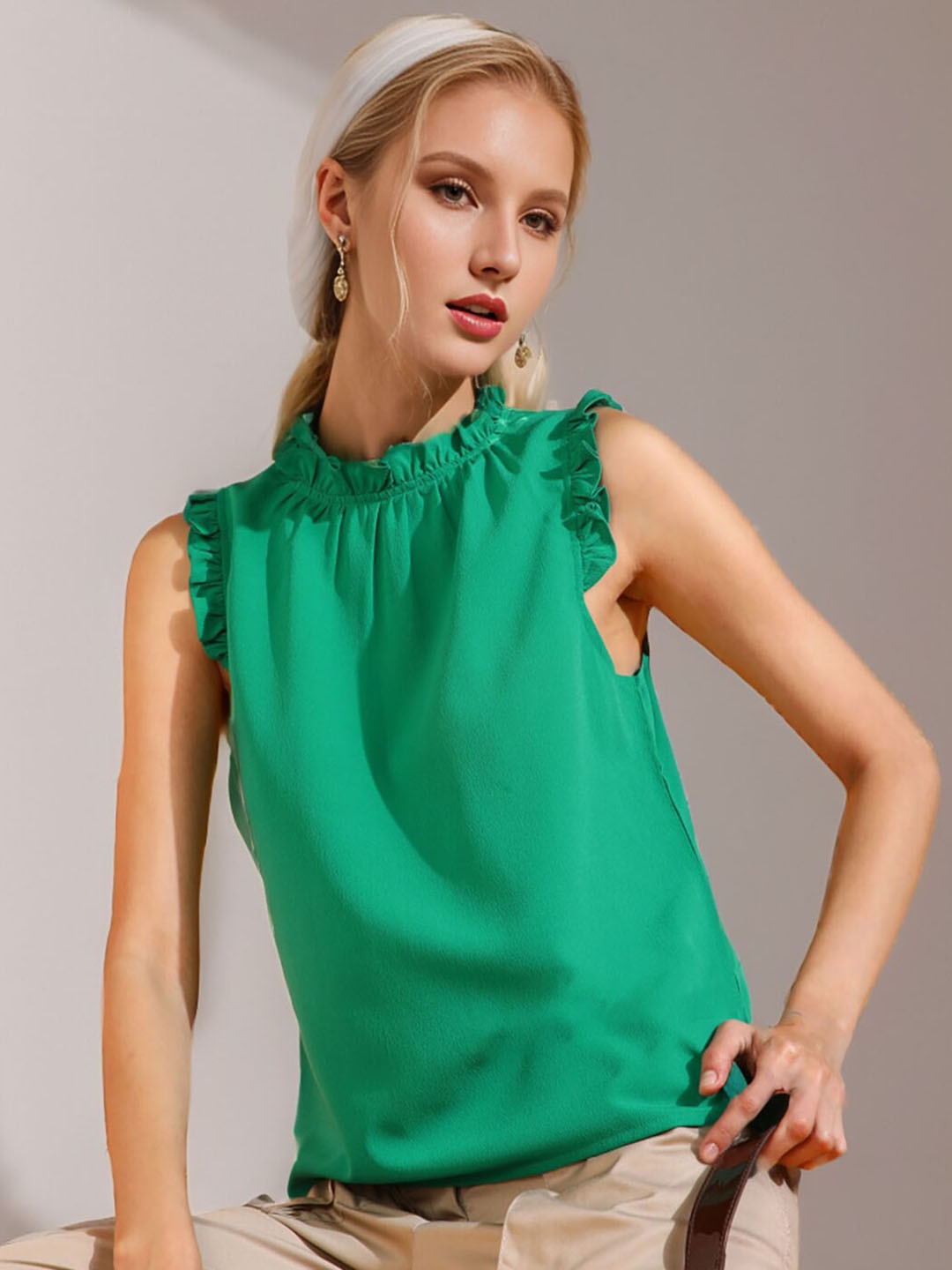 

RARE High Neck Ruffles Detail Top, Green