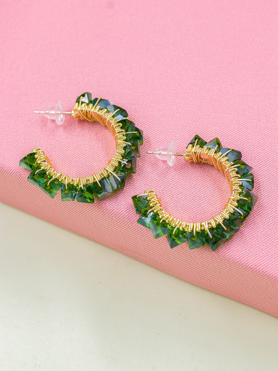 

Bellofox Green & Gold-Toned Gold-Plated Artificial Stones Half Hoop Earrings