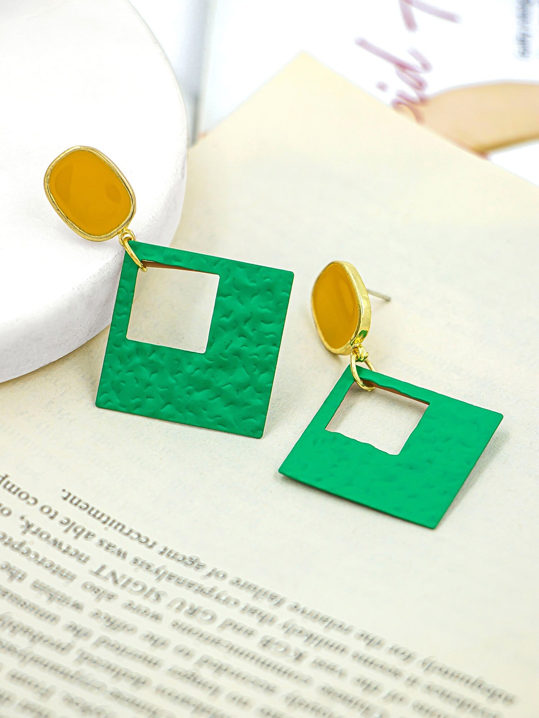 

Bellofox Gold-Toned & Green Madeline Square Drop Earrings
