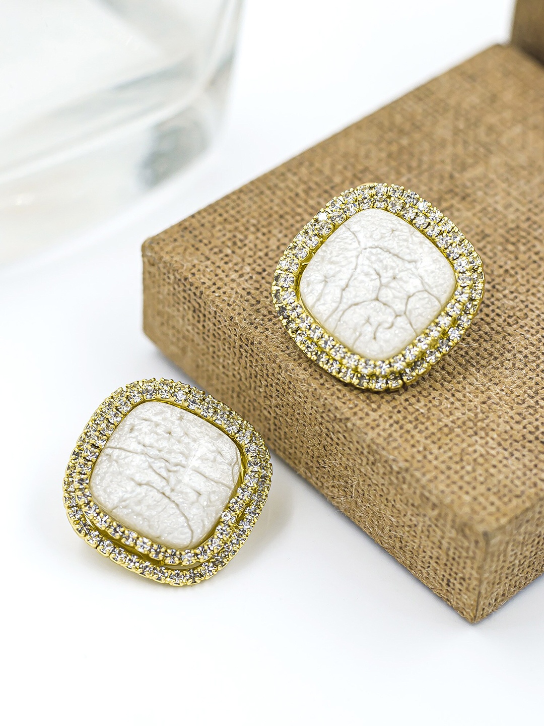 

Bellofox White Square Artificial Stones Studded Studs Earrings, Gold