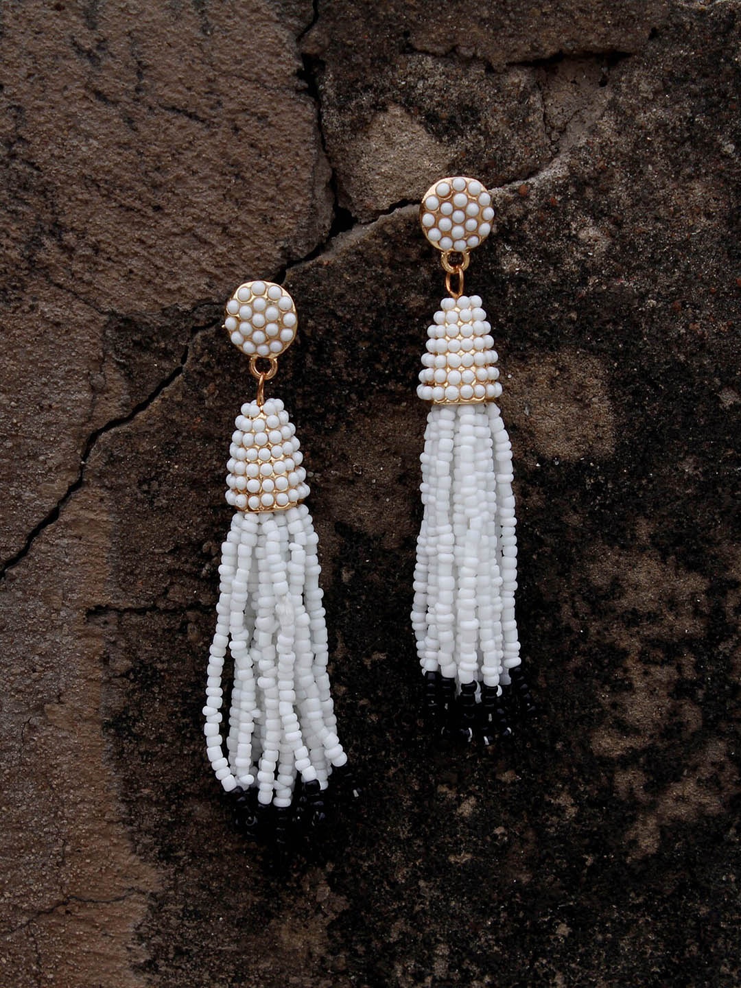 

Bellofox Gold-Toned & White Beaded Tasselled Drop Earrings