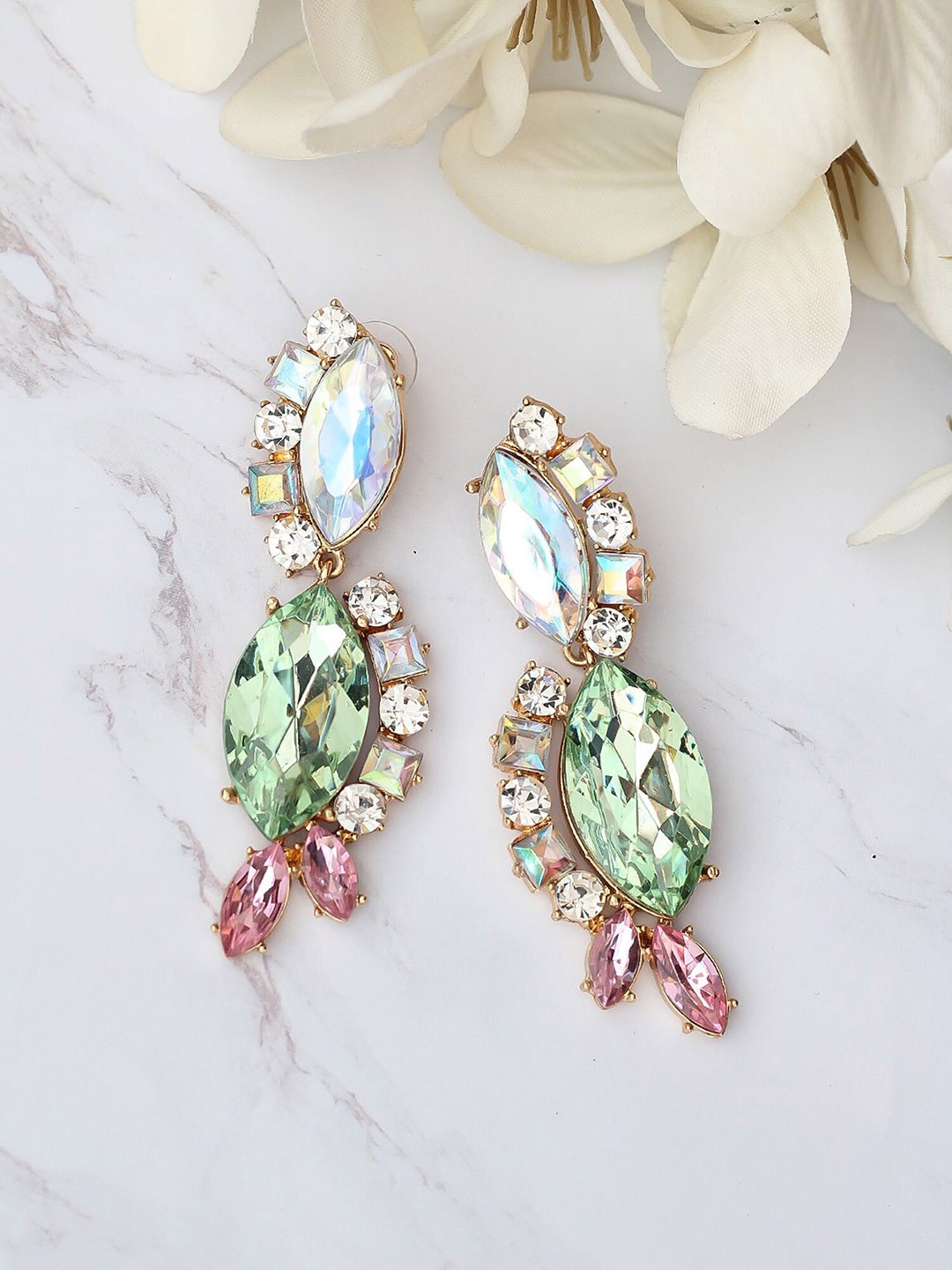 

Bellofox Gold-Toned & Green Pisces Gold-Plated Stone-Studded Drop Earrings