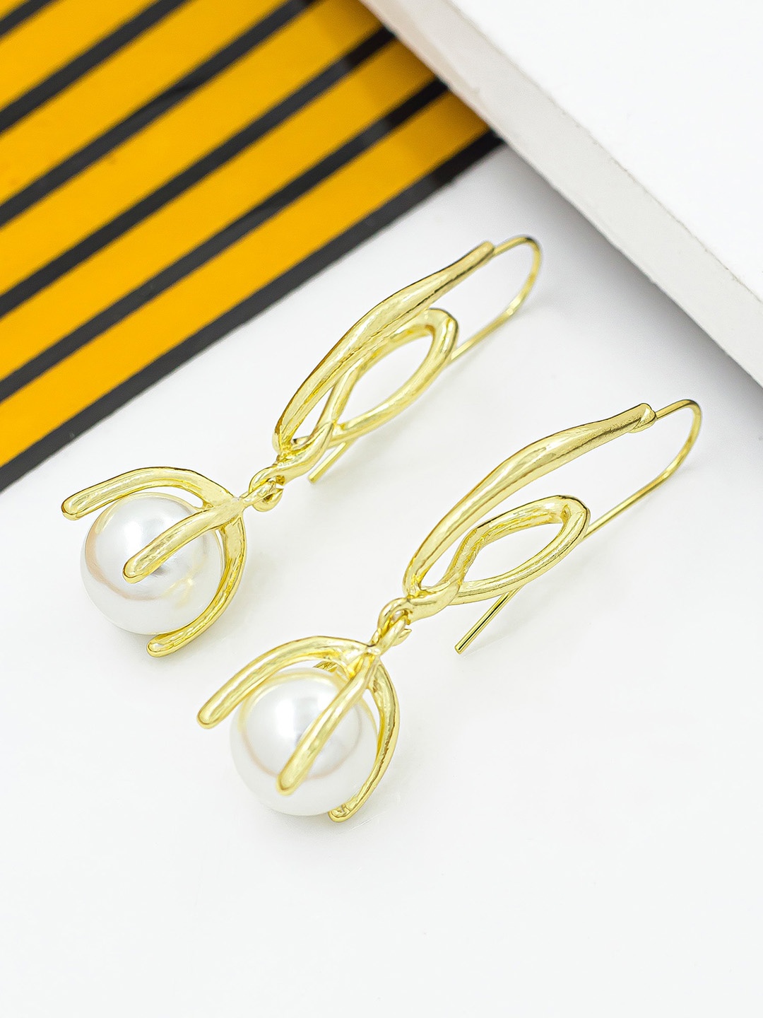 

Bellofox Gold-Toned & White Beads Studded Drop Earrings