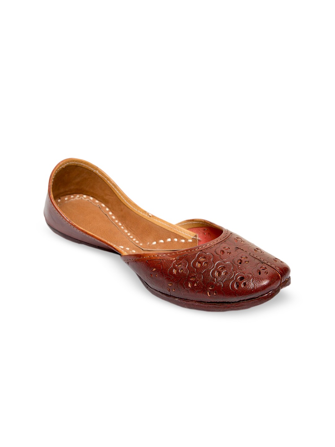

Ta Chic Ethnic Square Toe Leather Textured Mojaris With Laser Cuts, Brown