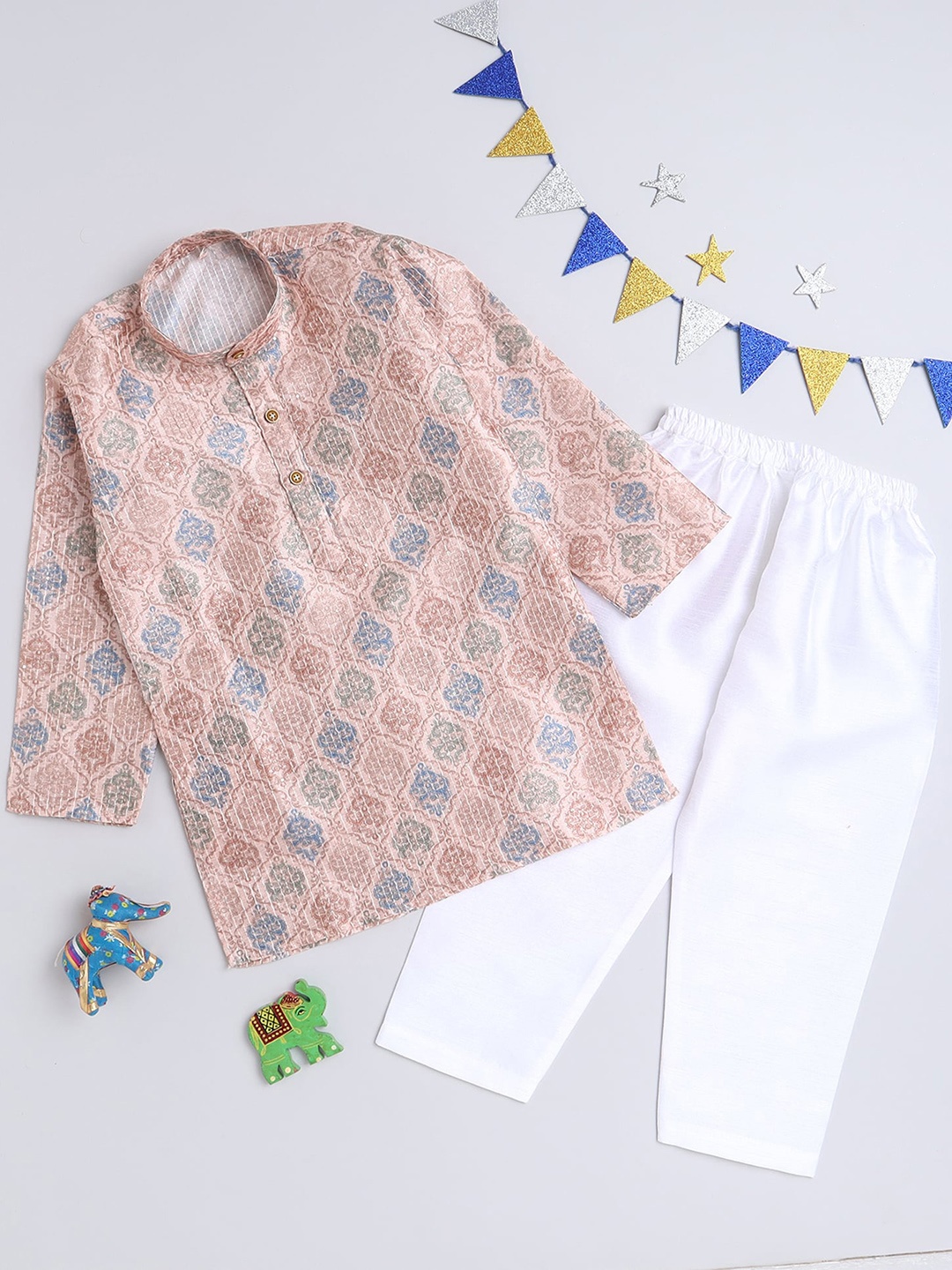 

Lil homies Boys Ethnic Motifs Printed Regular Sequinned Kurta With Pyjamas, Peach