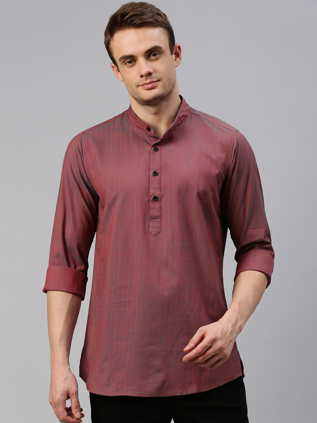 

Cross Court Horizontal Striped Mandarin Collar Pure Cotton Dobby Kurta, Rust