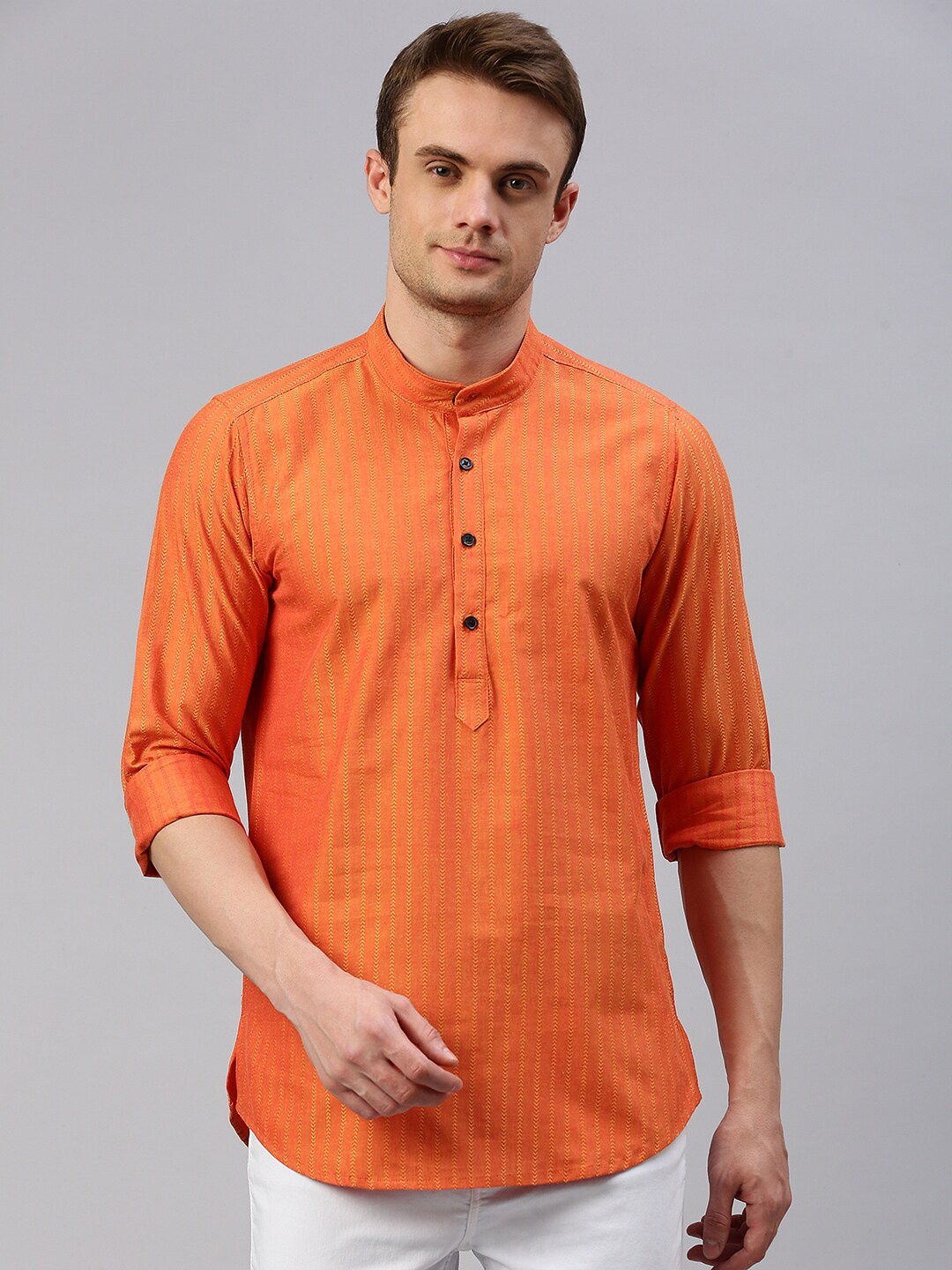 

Cross Court Striped Band Collar Pure Cotton Dobby Straight Kurta, Orange