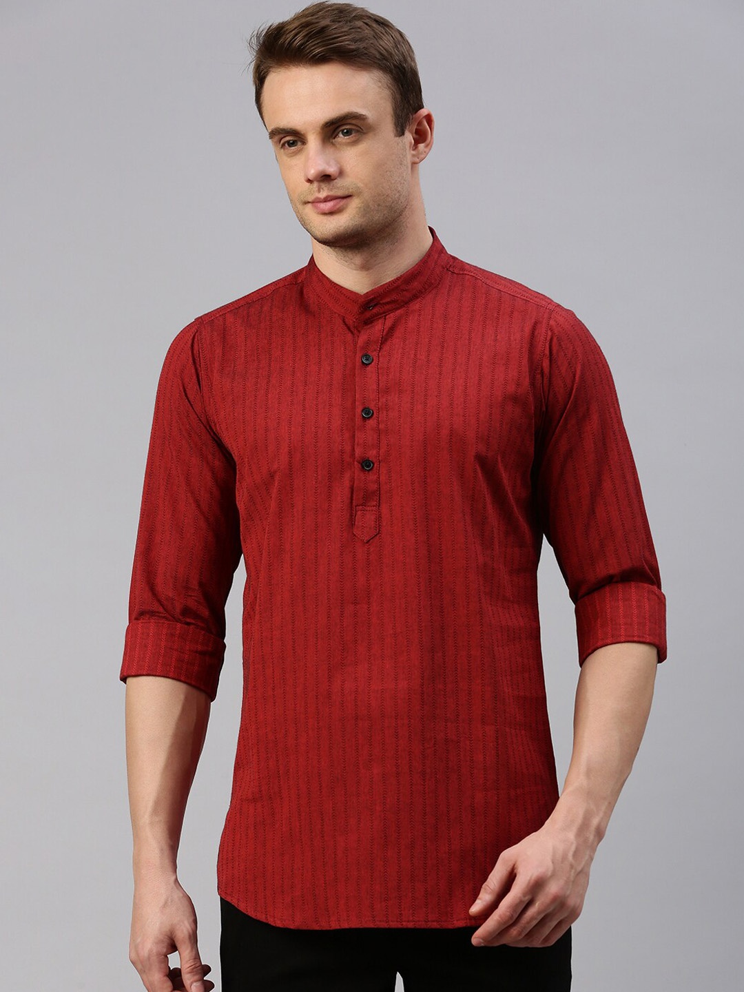 

Cross Court Vertical Striped Mandarin Collar Pure Cotton Dobby Kurta, Red