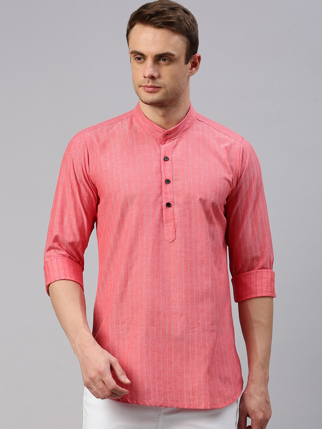 

Cross Court Vertical Striped Mandarin Collar Pure Cotton Dobby Kurta, Pink