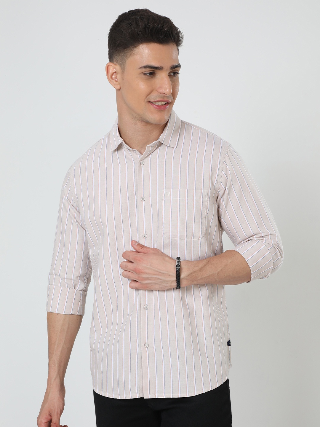 

URBARO Smart Slim Fit Striped Pure Cotton Casual Shirt, Beige