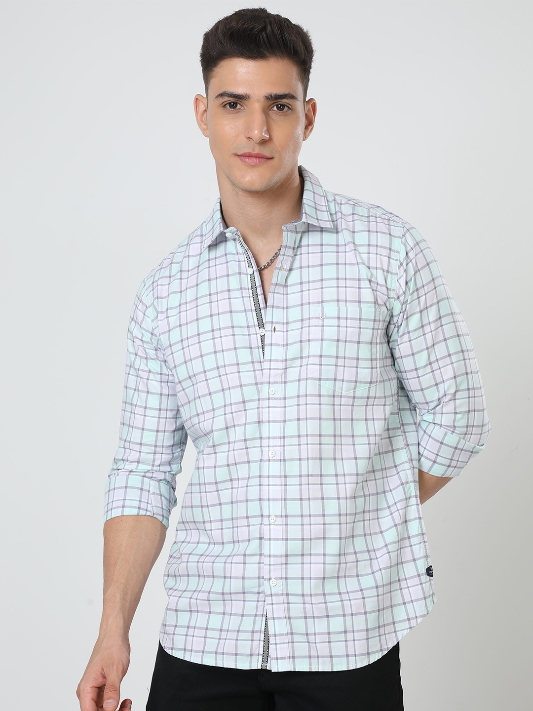 

URBARO Smart Slim Fit Checked Spread Collar Pure Cotton Casual Shirt, Green