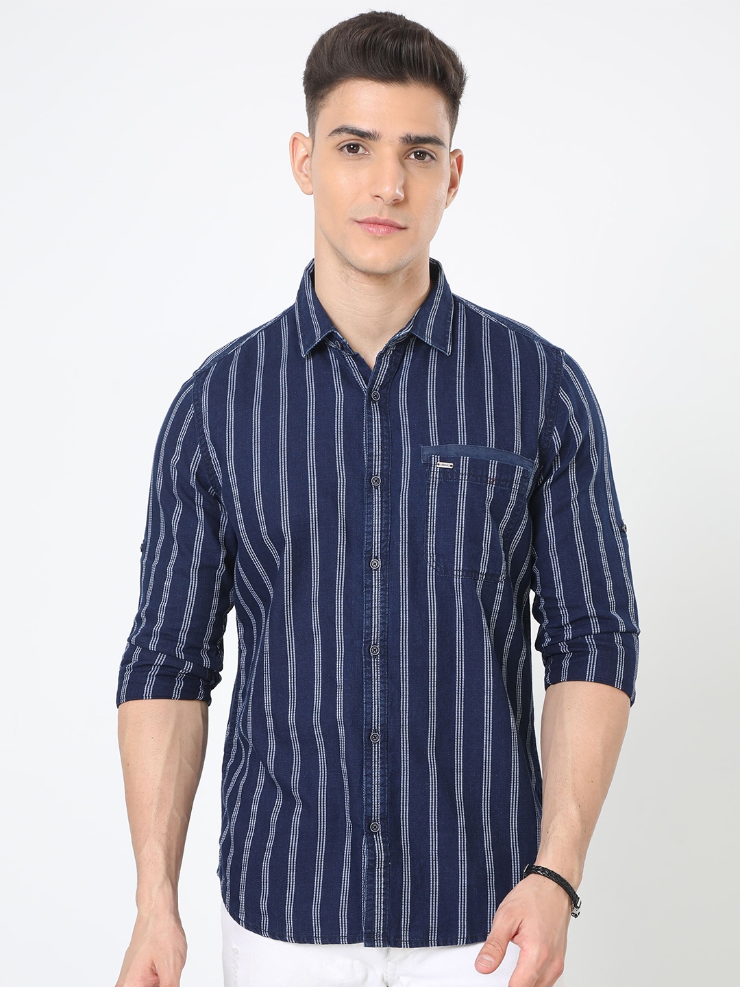 

URBARO Smart Slim Fit Vertical Striped Pure Cotton Casual Shirt, Blue