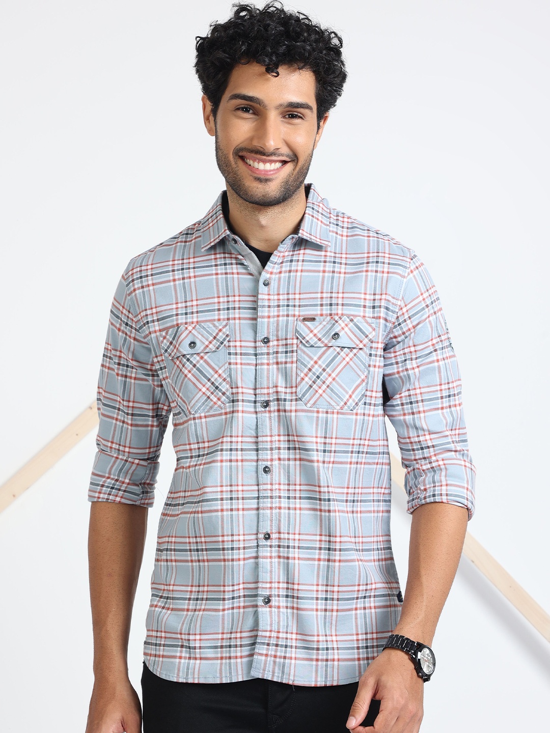 

URBARO Smart Slim Fit Checked Pure Cotton Casual Shirt, Grey