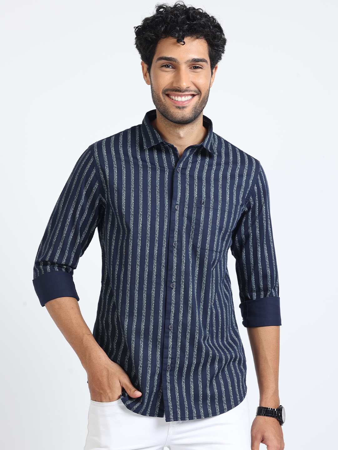 

URBARO Striped Smart Slim Fit Cotton Casual Shirt, Navy blue