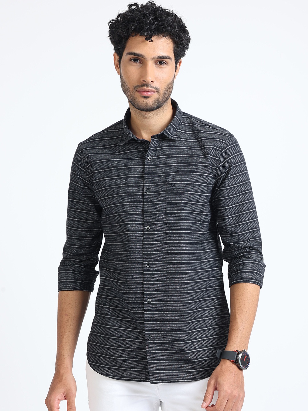 

URBARO Horizontal Striped Smart Slim Fit Casual Shirt, Black