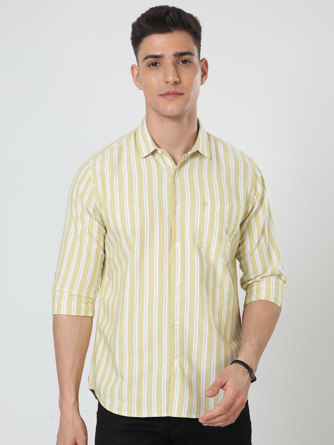 

URBARO Smart Slim Fit Vertical Stripes Cotton Casual Shirt, Yellow