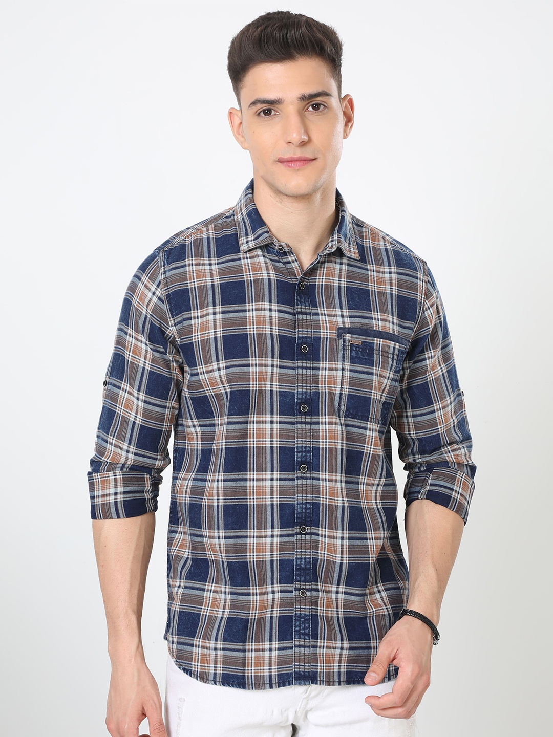 

URBARO Smart Slim Fit Tartan Checks Casual Shirt, Blue