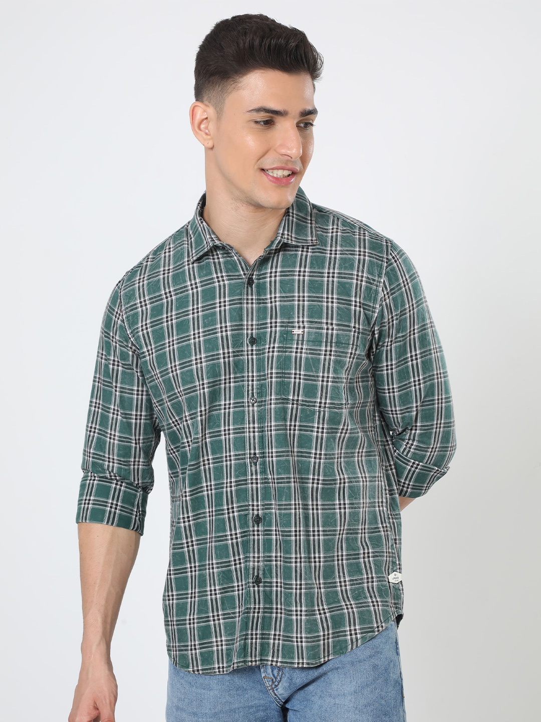 

URBARO Smart Tartan Checks Slim Fit Pure Cotton Casual Shirt, Green