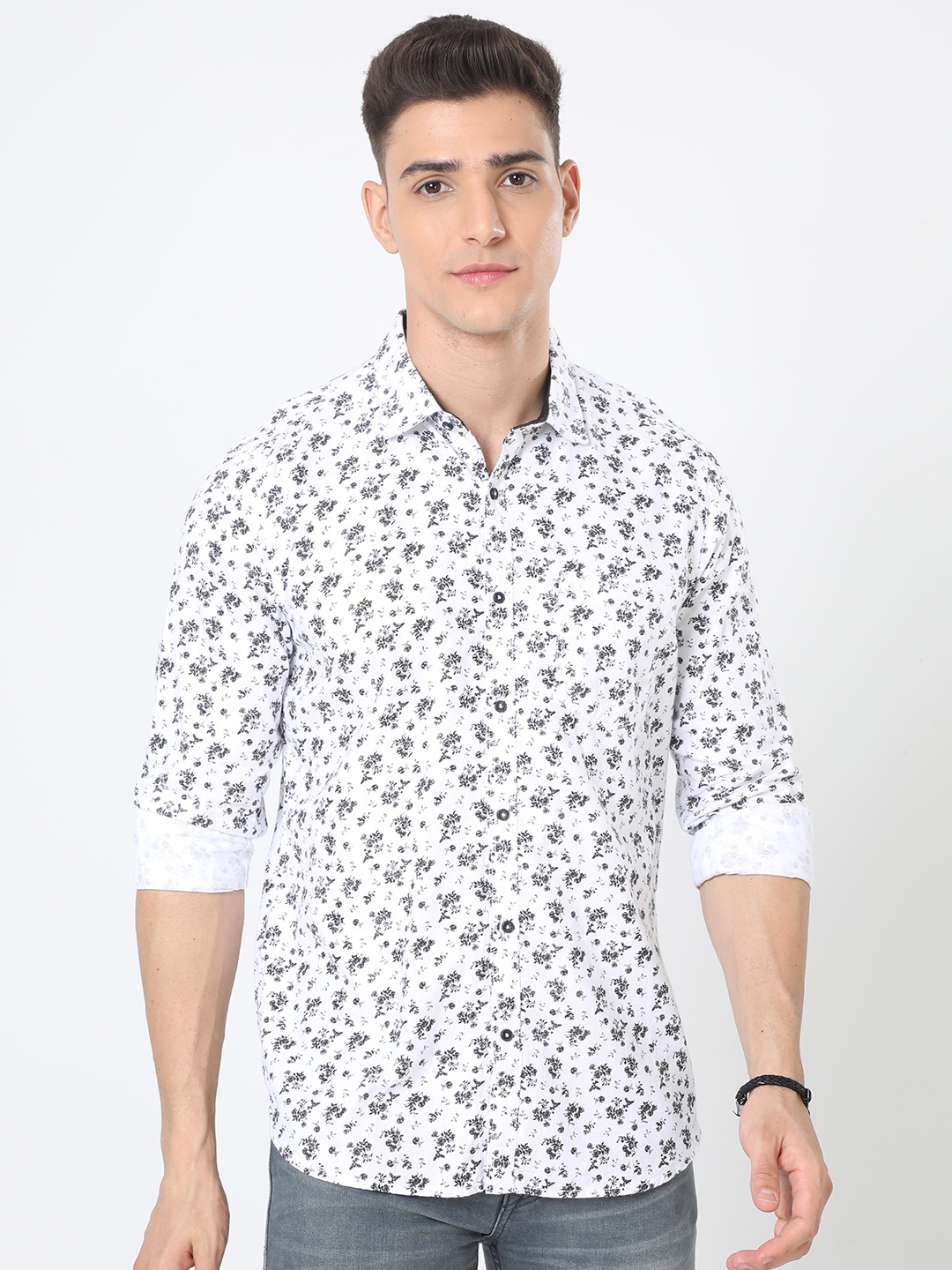 

URBARO Smart Slim Fit Floral Printed Pure Cotton Casual Shirt, White