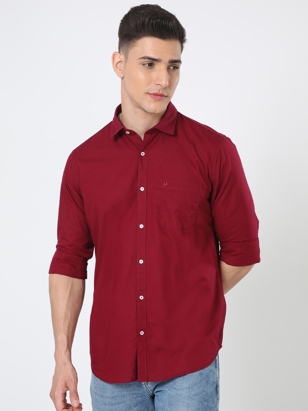 

URBARO Smart Slim Fit Spread Collar Pure Cotton Casual Shirt, Maroon